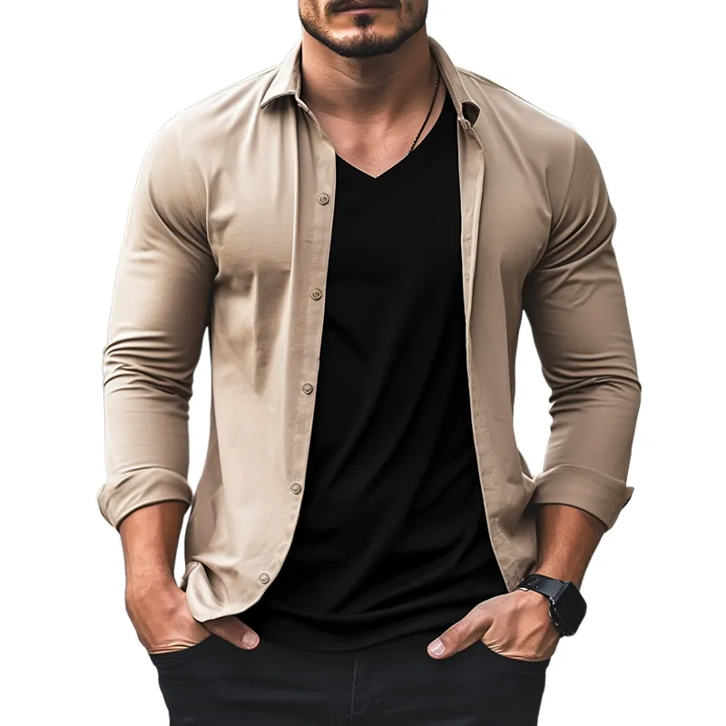 Men's Retro Casual Solid Color Slightly Elastic Lapel Long Sleeve Shirt 20365727TO sold by Manly