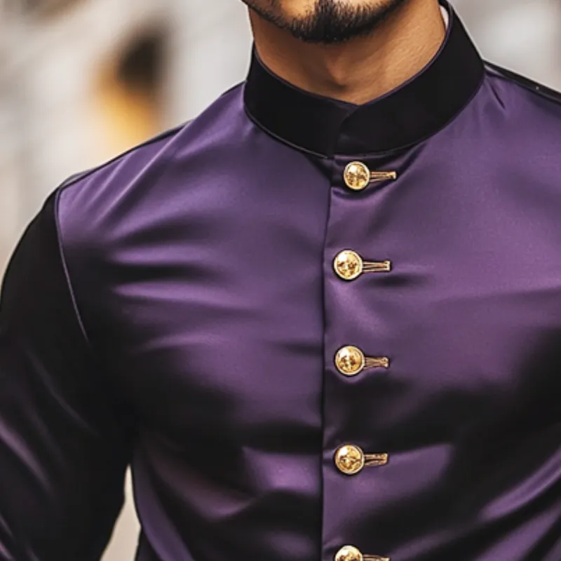 Men's Retro Casual Solid Color Satin Stand Collar Long Sleeve Shirt 36046900TO sold by Manly product image thumbnail 3