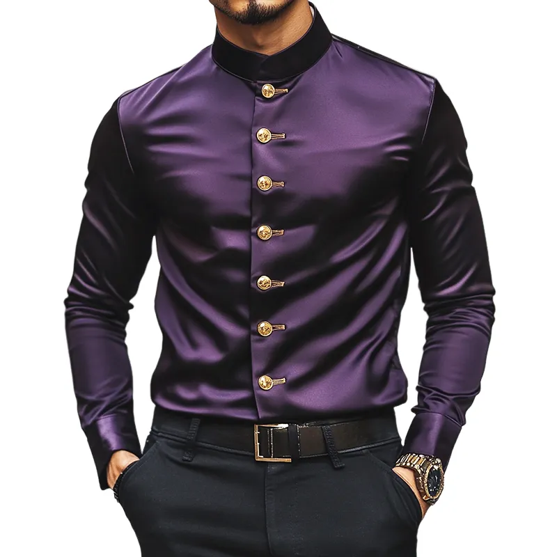 Men's Retro Casual Solid Color Satin Stand Collar Long Sleeve Shirt 36046900TO sold by Manly
