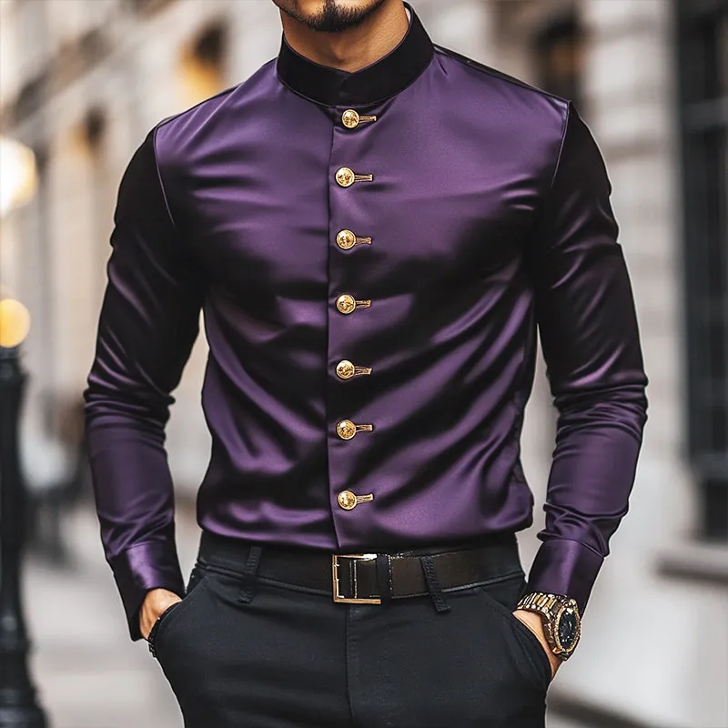 Men's Retro Casual Solid Color Satin Stand Collar Long Sleeve Shirt 36046900TO sold by Manly product image thumbnail 2