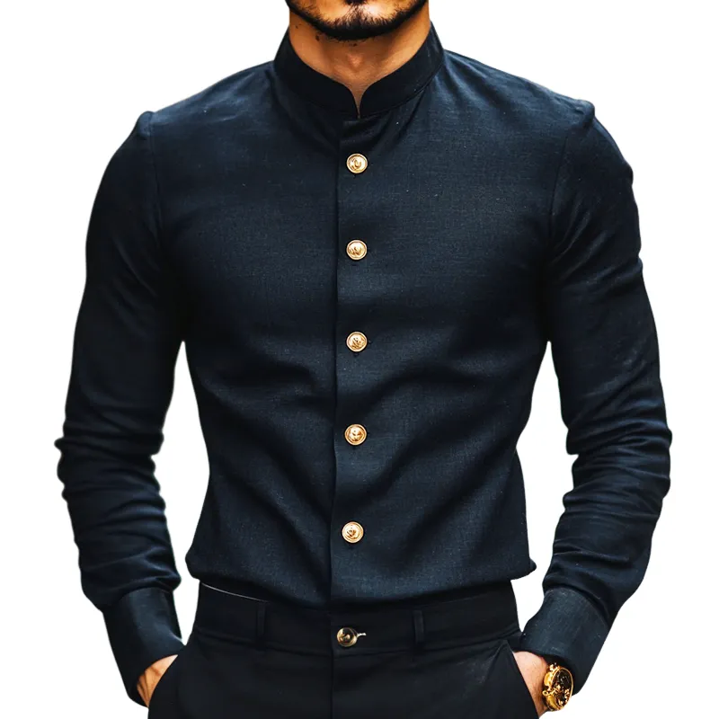 Men's Retro Casual Solid Color Linen Stand Collar Long Sleeve Shirt 93185360TO sold by Manly