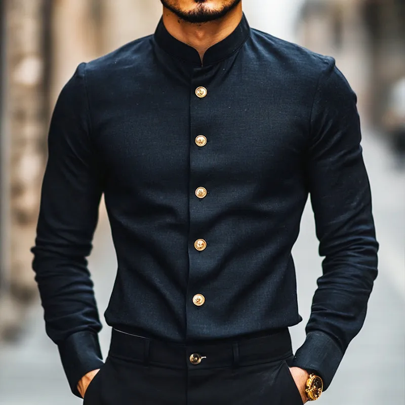 Men's Retro Casual Solid Color Linen Stand Collar Long Sleeve Shirt 93185360TO sold by Manly product image thumbnail 2