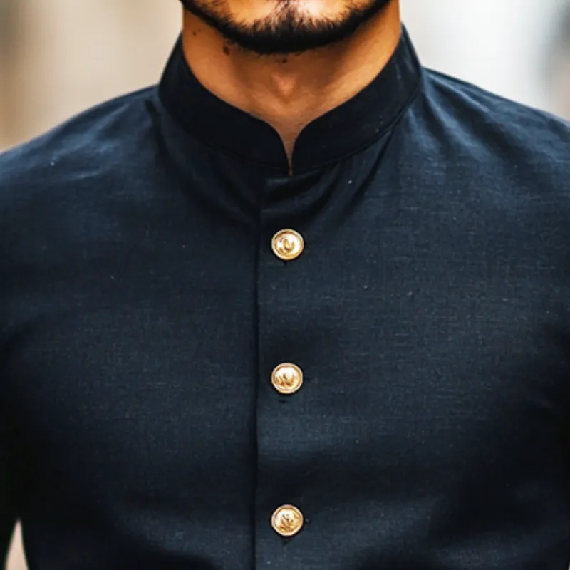 Men's Retro Casual Solid Color Linen Stand Collar Long Sleeve Shirt 93185360TO sold by Manly product image thumbnail 3