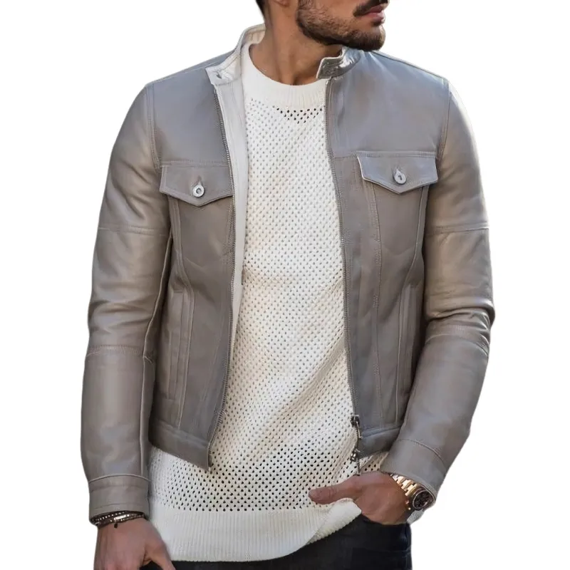 Men's Silver Cropped Snap Button Stand Collar Zipper Leather Jacket 69083128U sold by Manly