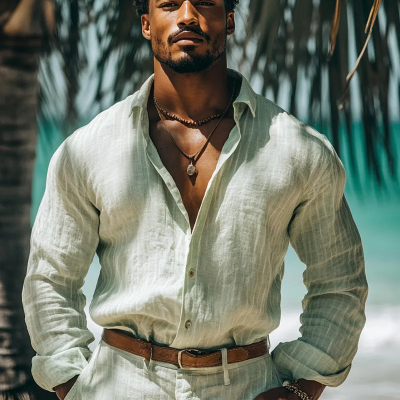 Men's Casual Skin-friendly Loose Light Green Long-sleeved Shirt 01488078U sold by Manly product image thumbnail 2