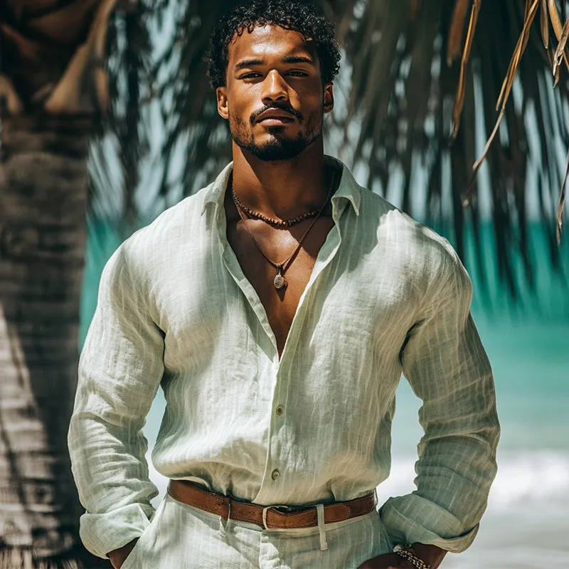 Men's Casual Skin-friendly Loose Light Green Long-sleeved Shirt 01488078U sold by Manly product image thumbnail 3