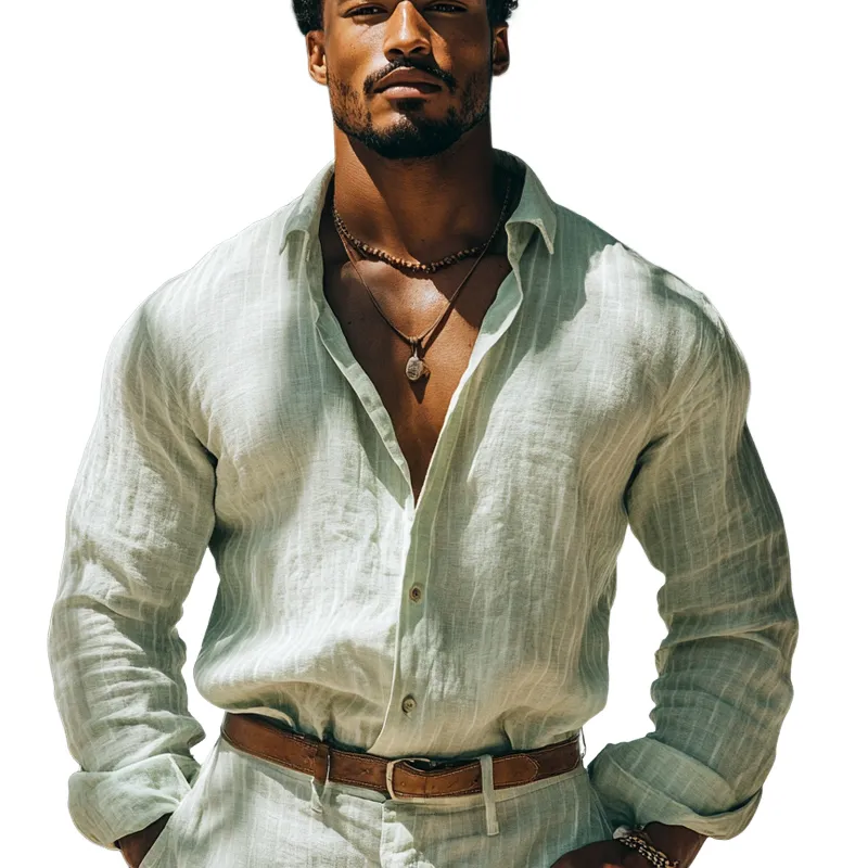 Men's Casual Skin-friendly Loose Light Green Long-sleeved Shirt 01488078U sold by Manly