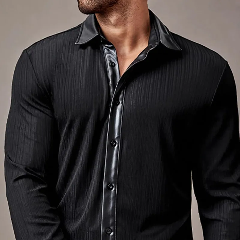 Men's Black Ice Silk Wrinkled Leather Stitching Long Sleeve Shirt 69291806U sold by Manly product image thumbnail 2