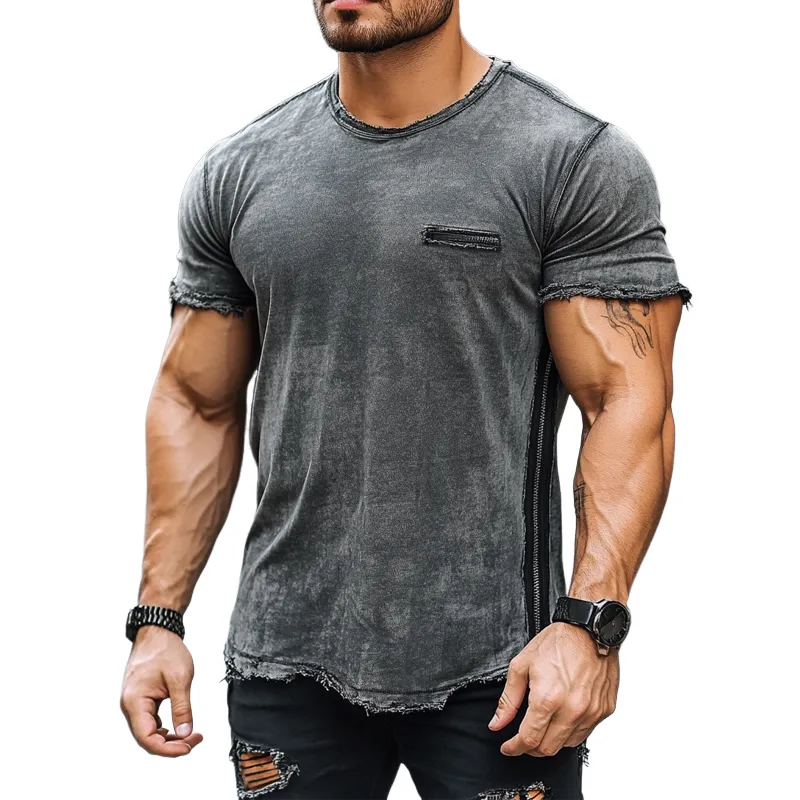 Men's Vintage Washed Fabric Side Zipper Short Sleeve T-Shirt 66554175U sold by Manly