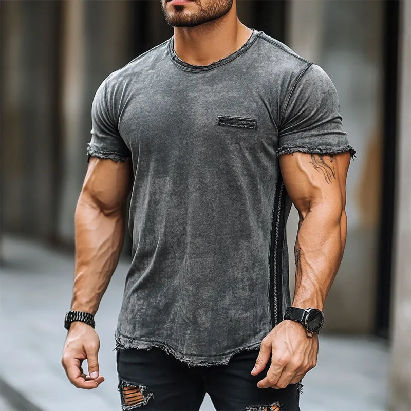 Men's Vintage Washed Fabric Side Zipper Short Sleeve T-Shirt 66554175U sold by Manly product image thumbnail 2