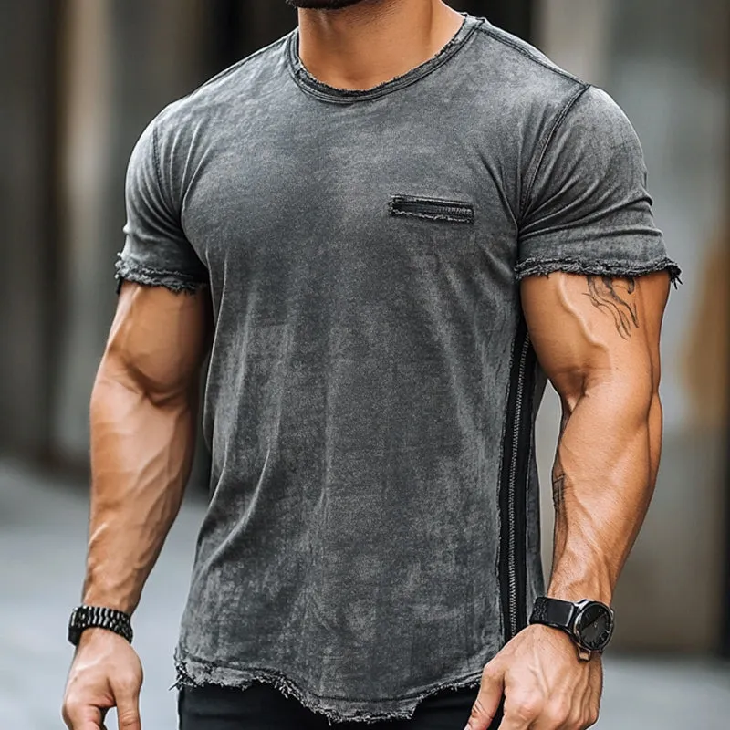 Men's Vintage Washed Fabric Side Zipper Short Sleeve T-Shirt 66554175U sold by Manly product image thumbnail 3