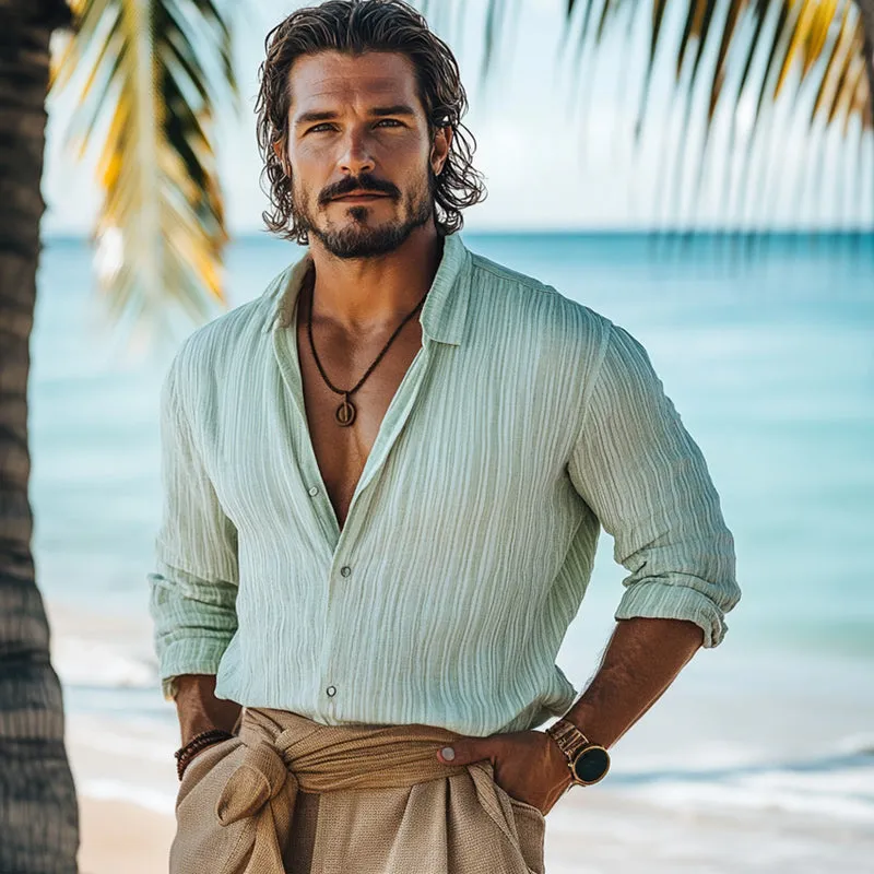 Men's Casual Light Green Ice Silk Wrinkled Long-sleeved Shirt 77797985U sold by Manly product image thumbnail 3