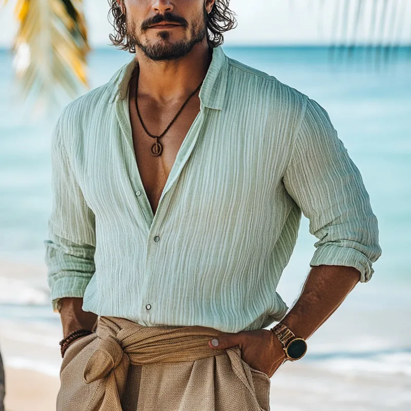 Men's Casual Light Green Ice Silk Wrinkled Long-sleeved Shirt 77797985U sold by Manly product image thumbnail 2