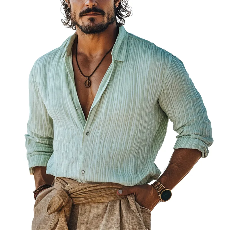 Men's Casual Light Green Ice Silk Wrinkled Long-sleeved Shirt 77797985U sold by Manly