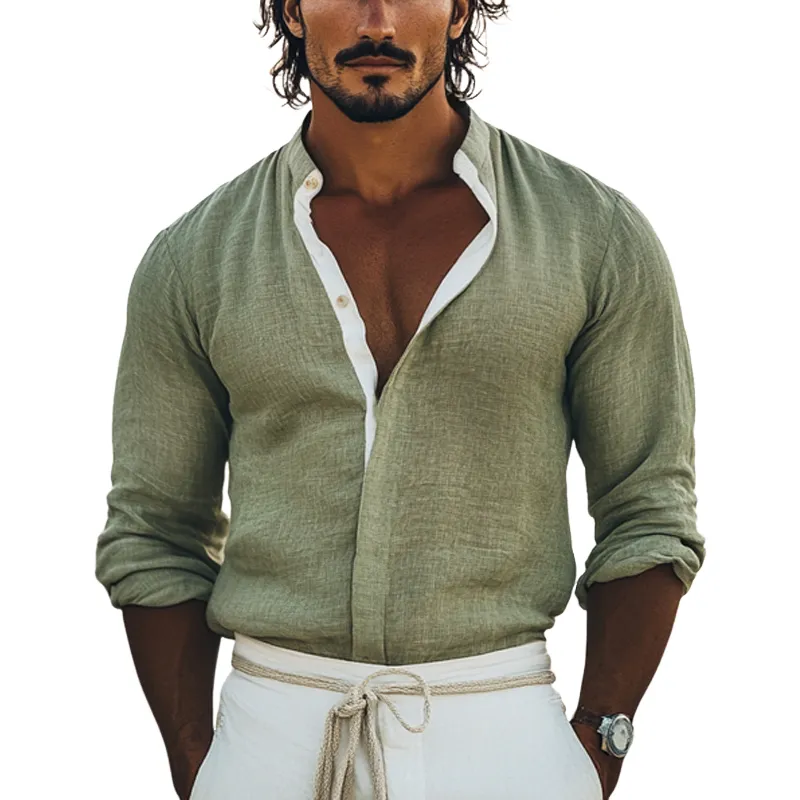 Men's Casual Green Cotton and Linen Long-sleeved Shirt 39639966U sold by Manly