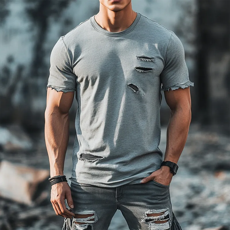 Men's Light Grey Ripped Round Neck Cotton Short Sleeve T-Shirt 06462931U sold by Manly product image thumbnail 2
