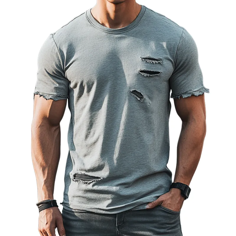 Men's Light Grey Ripped Round Neck Cotton Short Sleeve T-Shirt 06462931U sold by Manly
