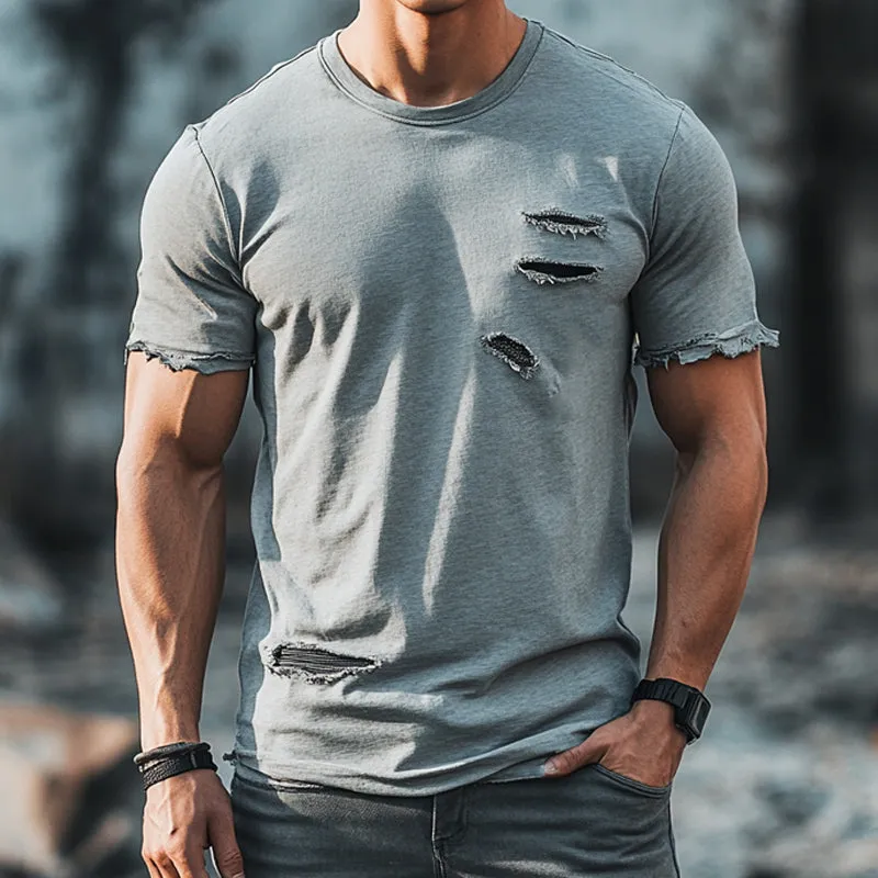 Men's Light Grey Ripped Round Neck Cotton Short Sleeve T-Shirt 06462931U sold by Manly product image thumbnail 3