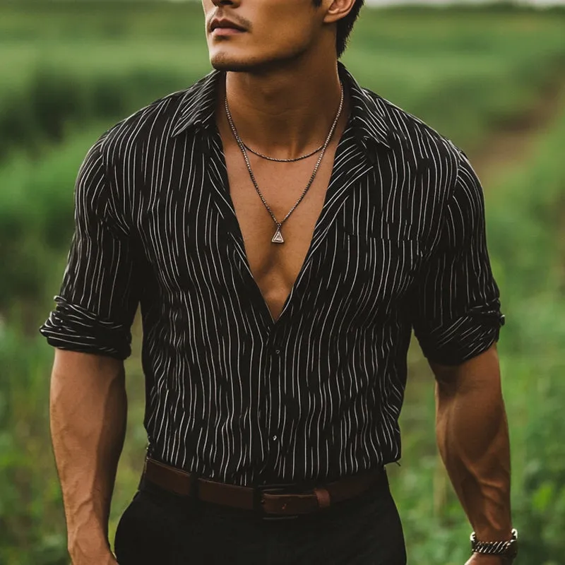 Men's Casual Black Vertical Striped Blend Long-sleeved Shirt 36990915U sold by Manly product image thumbnail 2