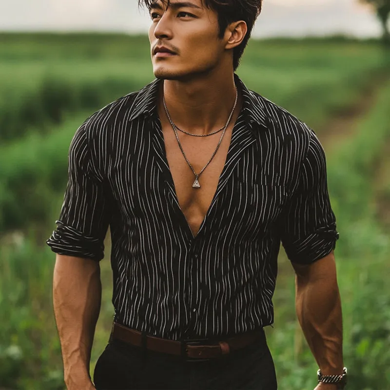 Men's Casual Black Vertical Striped Blend Long-sleeved Shirt 36990915U sold by Manly product image thumbnail 3