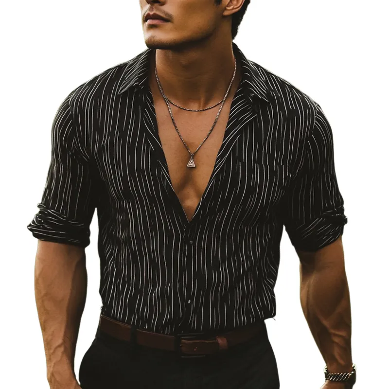 Men's Casual Black Vertical Striped Blend Long-sleeved Shirt 36990915U sold by Manly