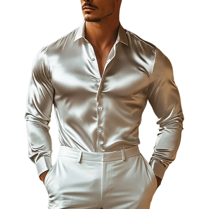 Men's Luxe Silver Satin Slim Fit Long Sleeve Shirt 97046689U sold by Manly