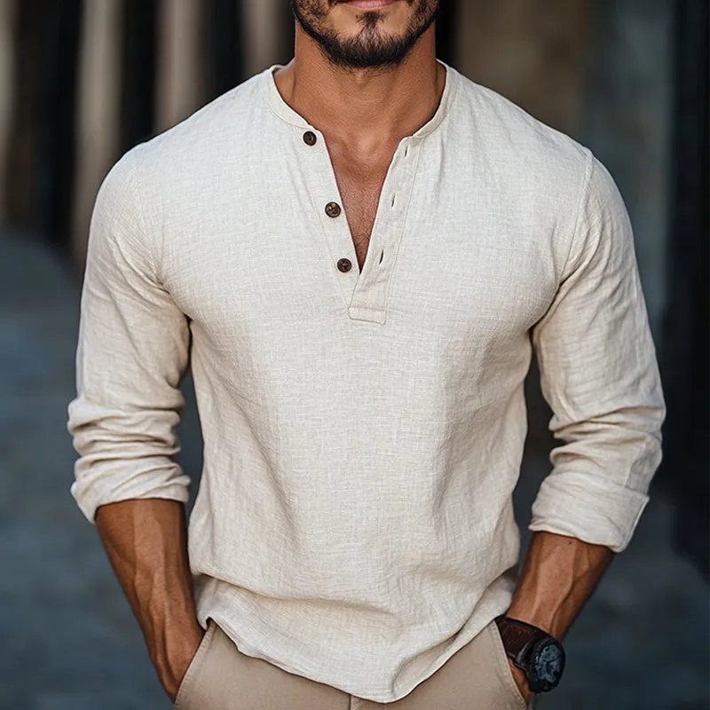 Men's Casual V-neck Cotton and Linen Long Sleeve T-shirt 53806192U sold by Manly product image thumbnail 2