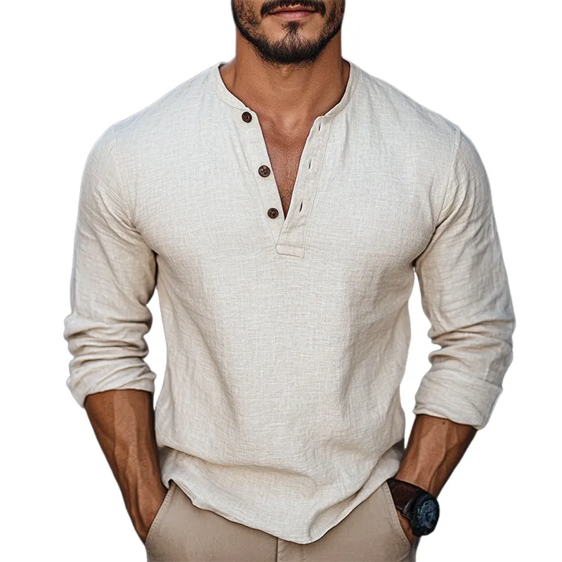 Men's Casual V-neck Cotton and Linen Long Sleeve T-shirt 53806192U sold by Manly
