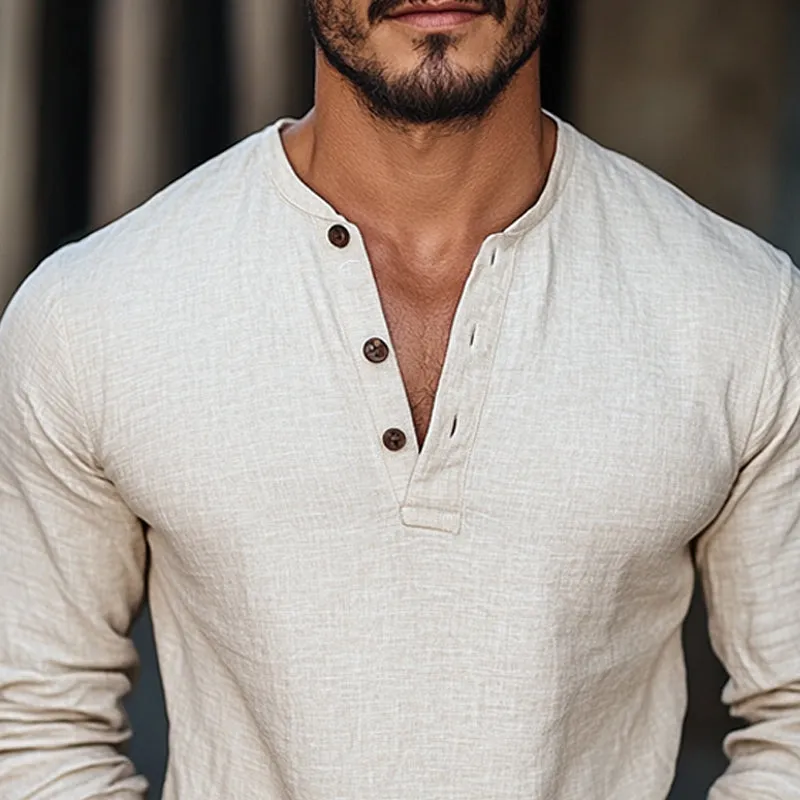 Men's Casual V-neck Cotton and Linen Long Sleeve T-shirt 53806192U sold by Manly product image thumbnail 3