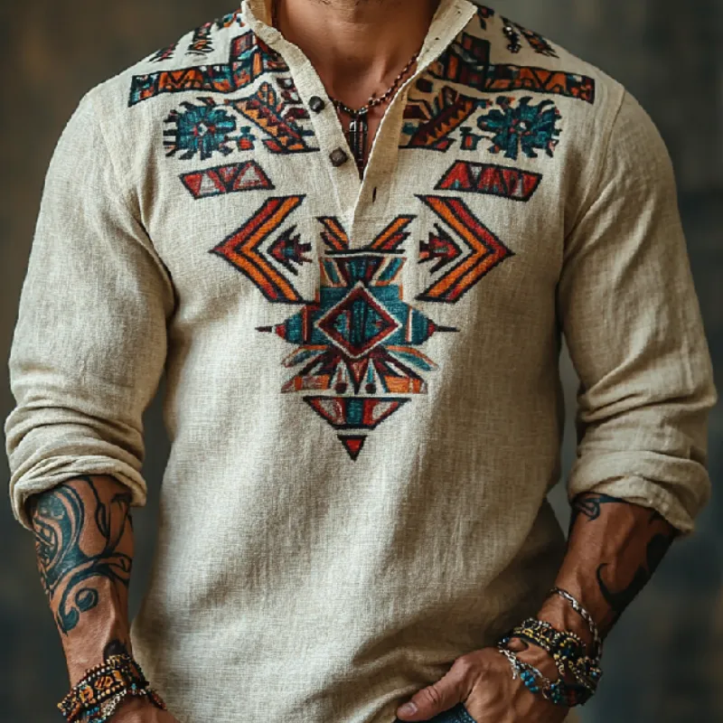 Men's Retro Casual Stand Collar Printed Cotton and Linen Long Sleeve POLO Shirt 94532617F sold by Manly product image thumbnail 3