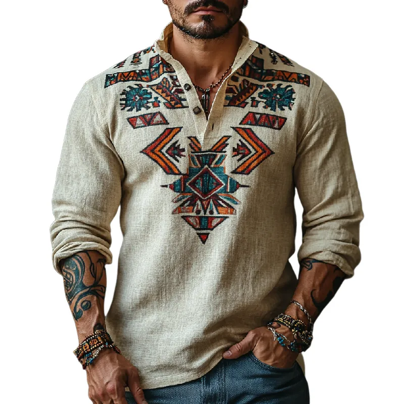 Men's Retro Casual Stand Collar Printed Cotton and Linen Long Sleeve POLO Shirt 94532617F sold by Manly