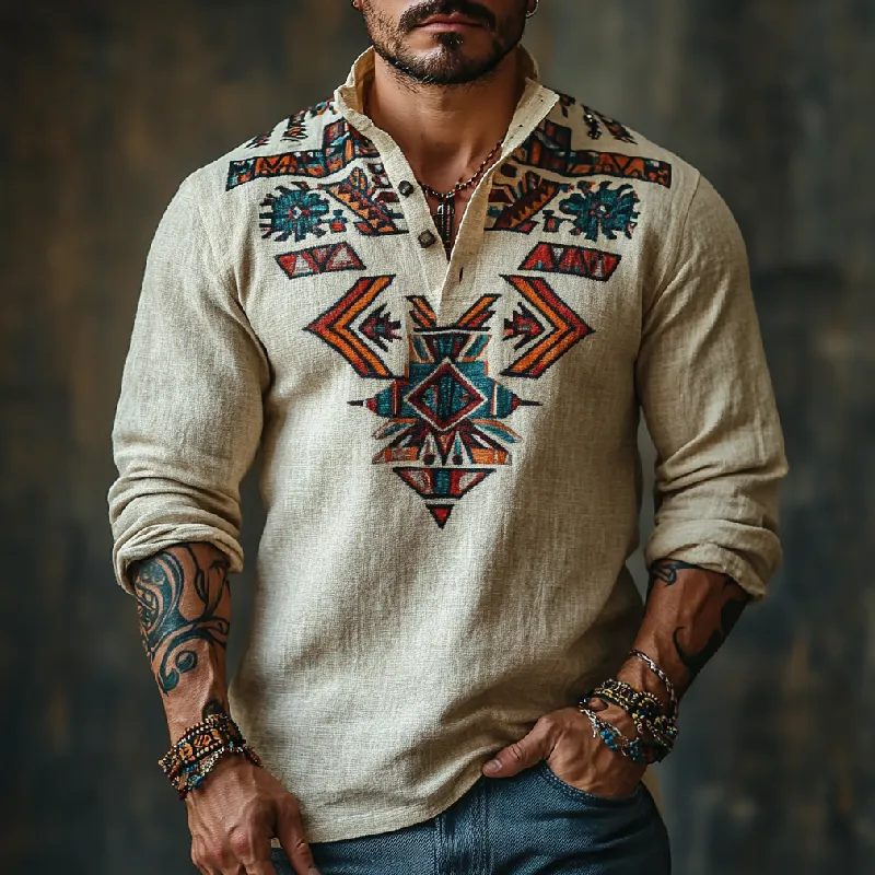 Men's Retro Casual Stand Collar Printed Cotton and Linen Long Sleeve POLO Shirt 94532617F sold by Manly product image thumbnail 2