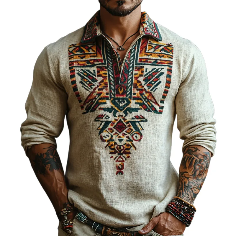 Men's Retro Street Lapel Printed Cotton and Linen Long Sleeve POLO Shirt 63813558F sold by Manly