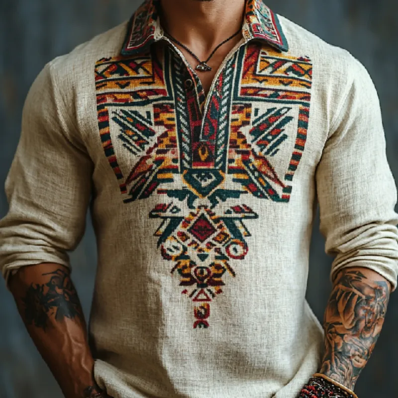 Men's Retro Street Lapel Printed Cotton and Linen Long Sleeve POLO Shirt 63813558F sold by Manly product image thumbnail 3