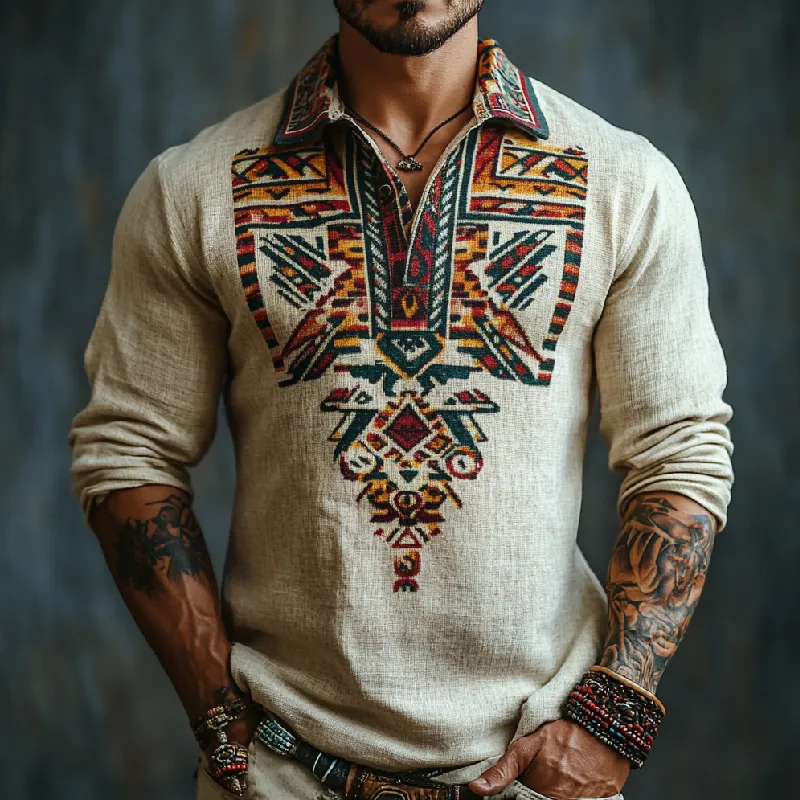Men's Retro Street Lapel Printed Cotton and Linen Long Sleeve POLO Shirt 63813558F sold by Manly product image thumbnail 2