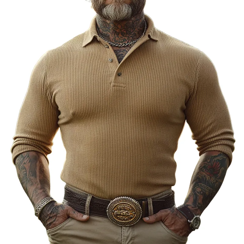 Men's Casual Vintage Lapel Elastic Ribbed Long-sleeved POLO Shirt 96225876F sold by Manly