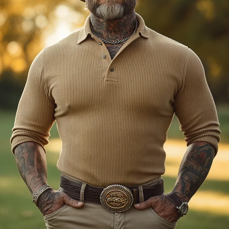 Men's Casual Vintage Lapel Elastic Ribbed Long-sleeved POLO Shirt 96225876F sold by Manly product image thumbnail 2