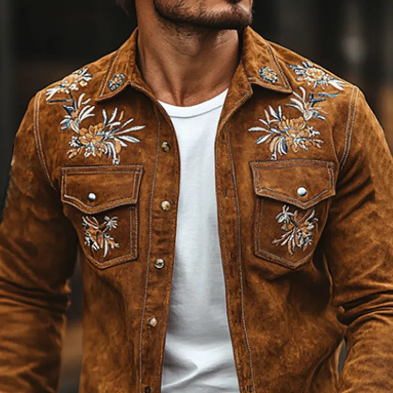 Men's Vintage Casual Embroidered Suede Slim Fit Western Shirt 16477432K sold by Manly product image thumbnail 4