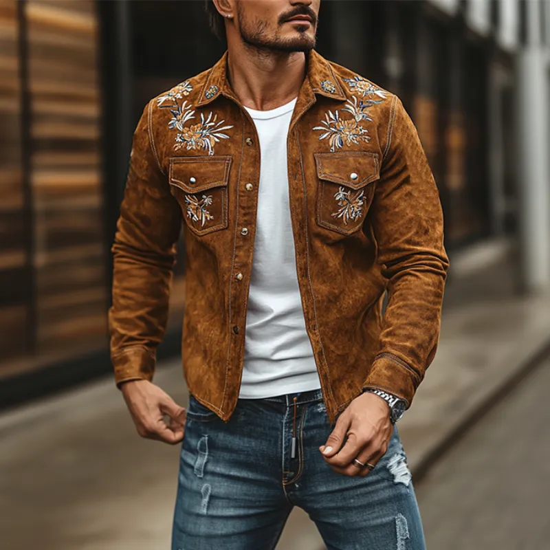 Men's Vintage Casual Embroidered Suede Slim Fit Western Shirt 16477432K sold by Manly product image thumbnail 2