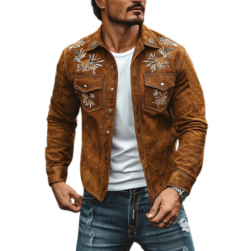 Men's Vintage Casual Embroidered Suede Slim Fit Western Shirt 16477432K sold by Manly