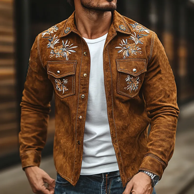 Men's Vintage Casual Embroidered Suede Slim Fit Western Shirt 16477432K sold by Manly product image thumbnail 3