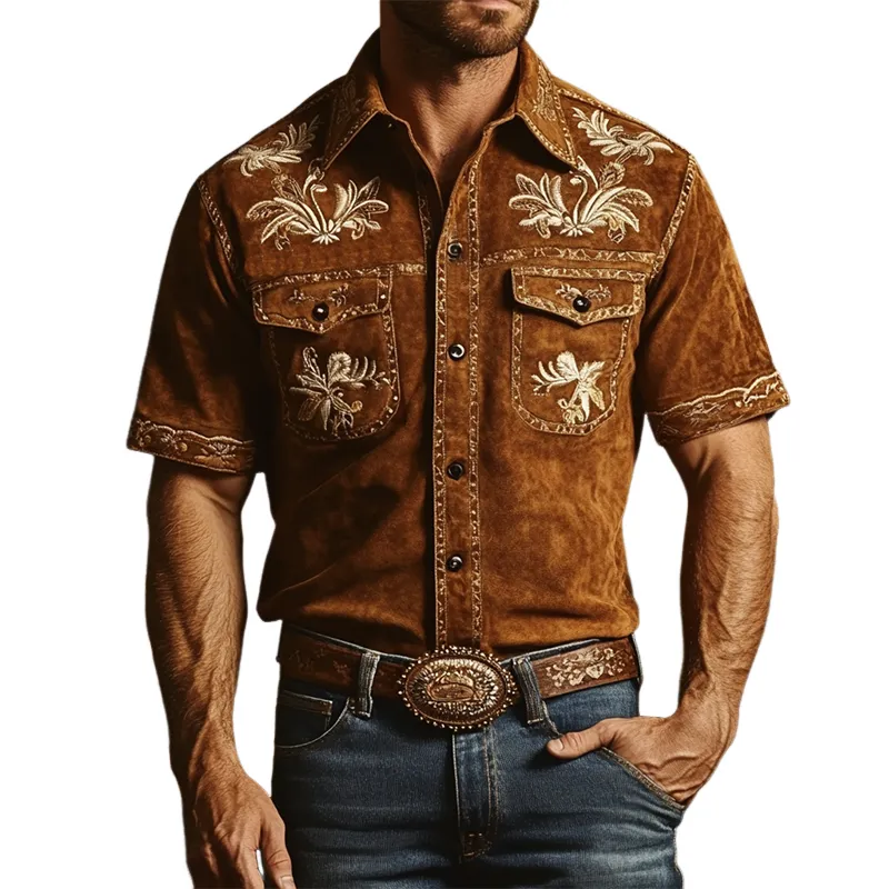 Men's Vintage Casual Embroidered Suede Slim Fit Western Short Sleeve Shirt 82270156K sold by Manly