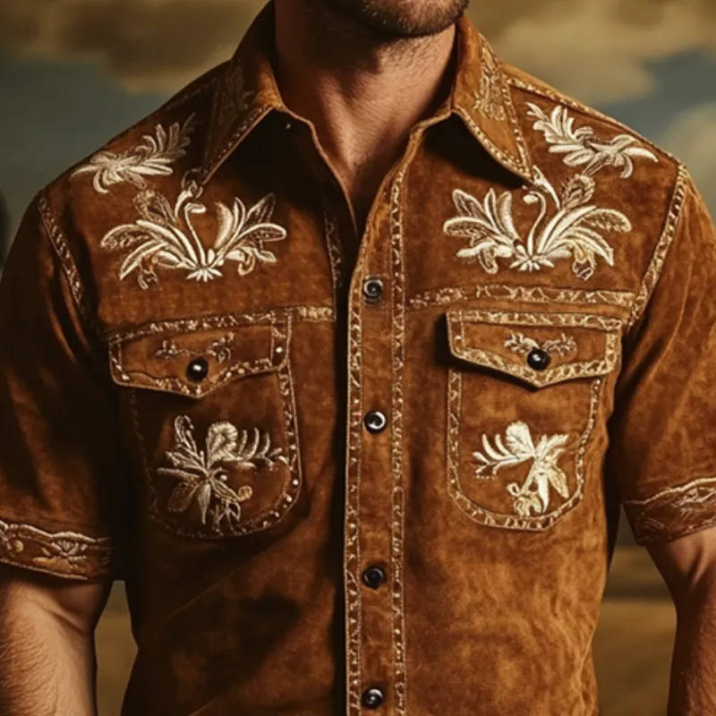 Men's Vintage Casual Embroidered Suede Slim Fit Western Short Sleeve Shirt 82270156K sold by Manly product image thumbnail 3