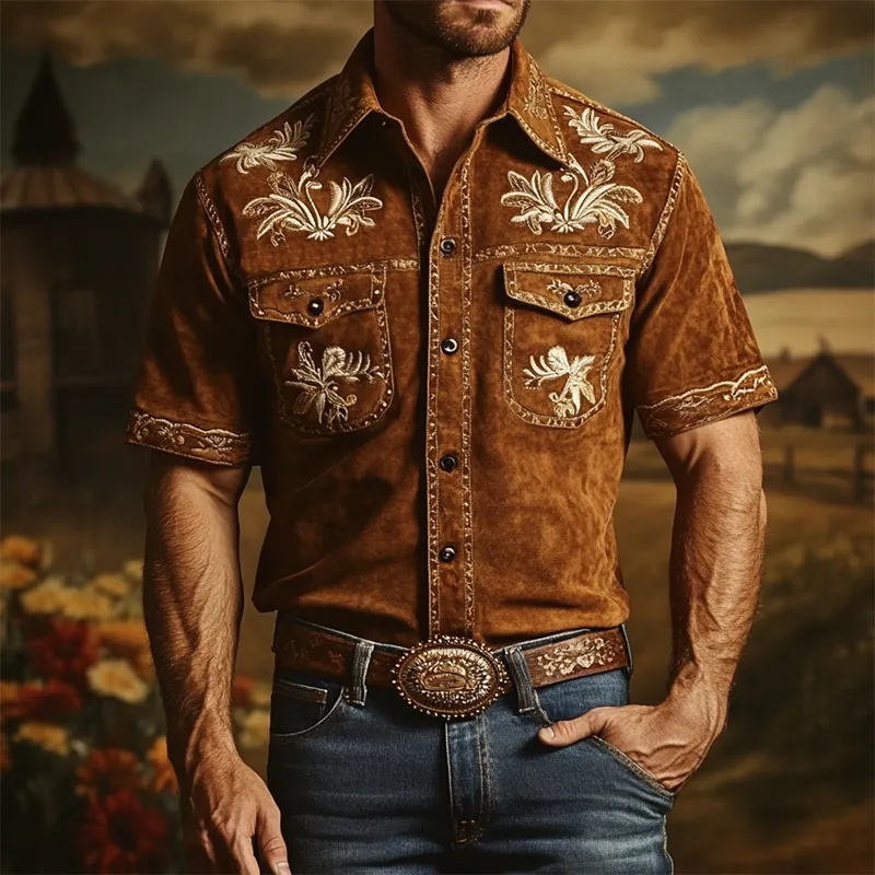 Men's Vintage Casual Embroidered Suede Slim Fit Western Short Sleeve Shirt 82270156K sold by Manly product image thumbnail 2