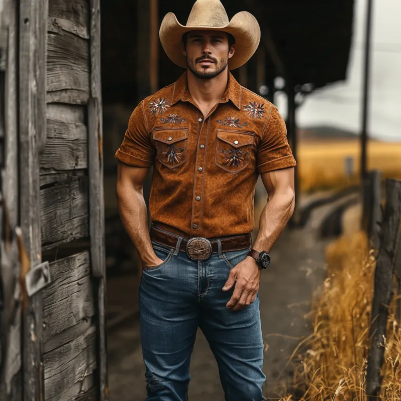 Men's Classic Casual Embroidered Suede Slim Fit Western Short Sleeve Shirt 91113600K sold by Manly product image thumbnail 2