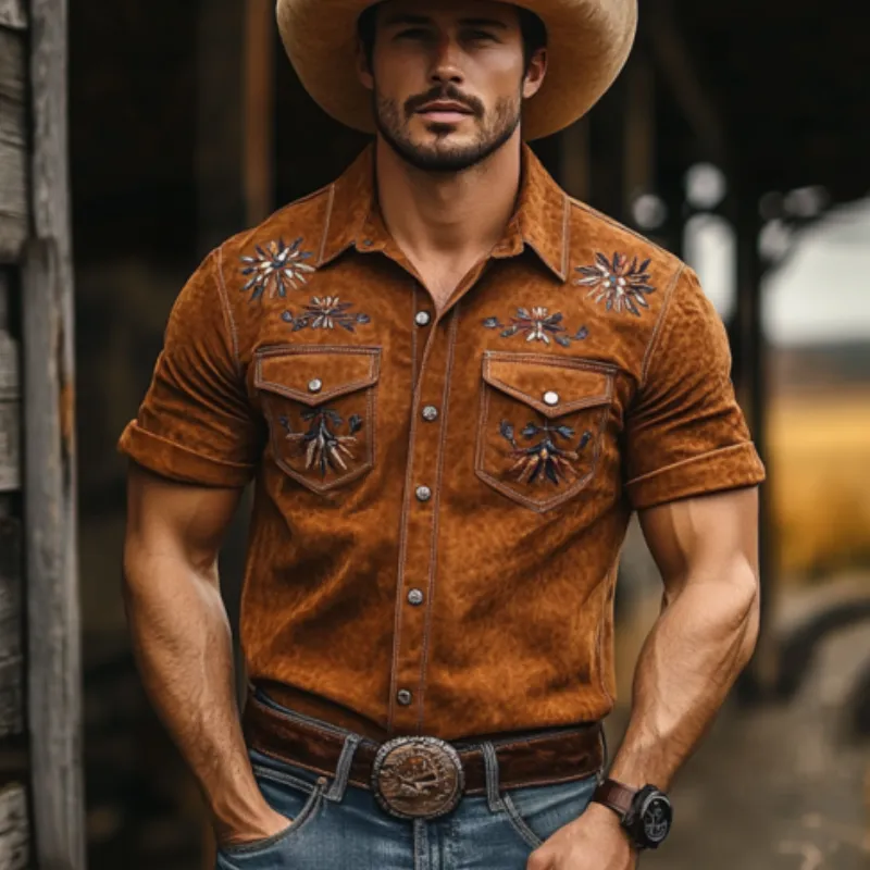 Men's Classic Casual Embroidered Suede Slim Fit Western Short Sleeve Shirt 91113600K sold by Manly product image thumbnail 3