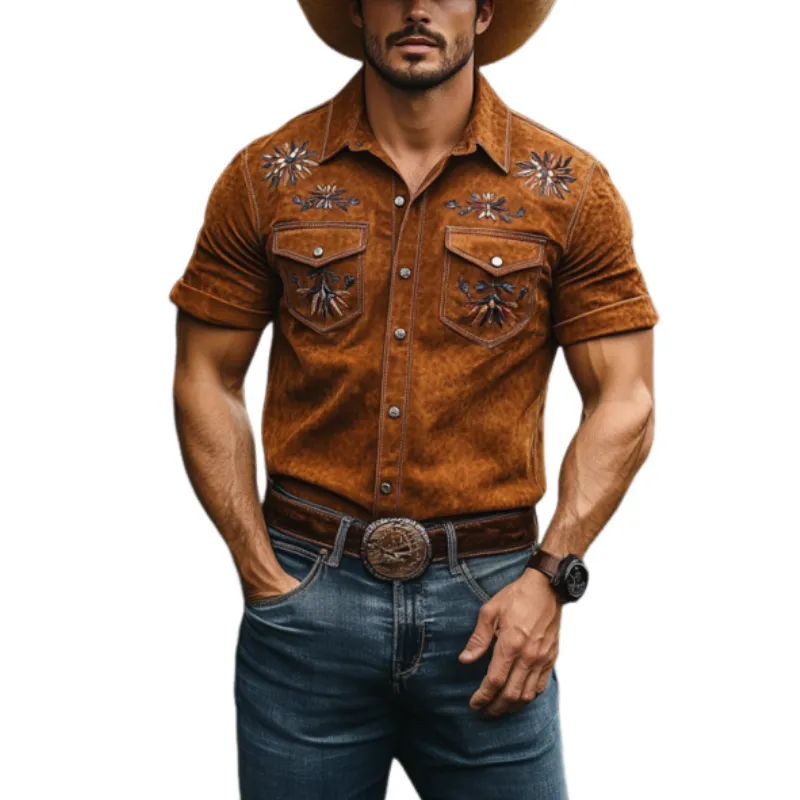 Men's Classic Casual Embroidered Suede Slim Fit Western Short Sleeve Shirt 91113600K sold by Manly