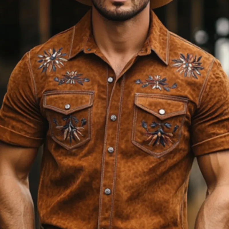 Men's Classic Casual Embroidered Suede Slim Fit Western Short Sleeve Shirt 91113600K sold by Manly product image thumbnail 4