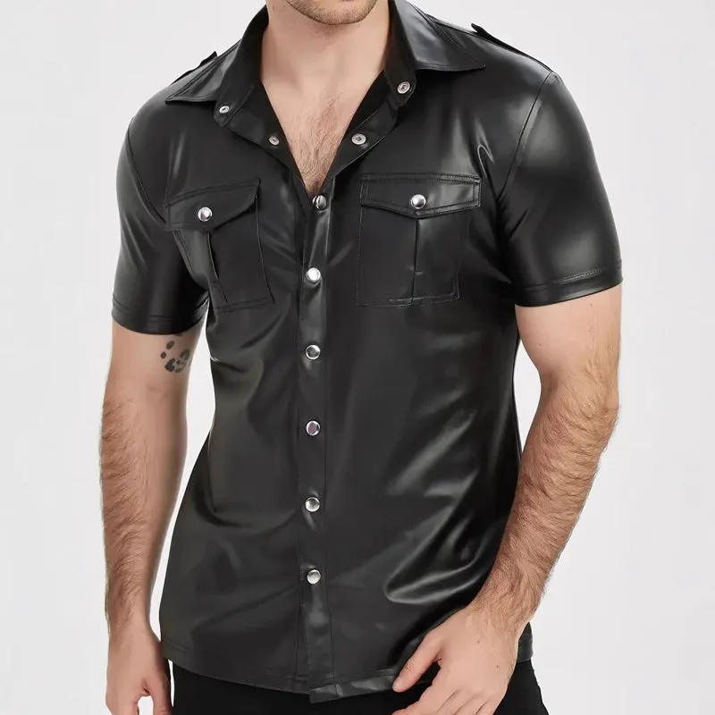 Men's Solid Color Lapel Short Sleeve Leather Shirt 44661155X sold by Manly product image thumbnail 3