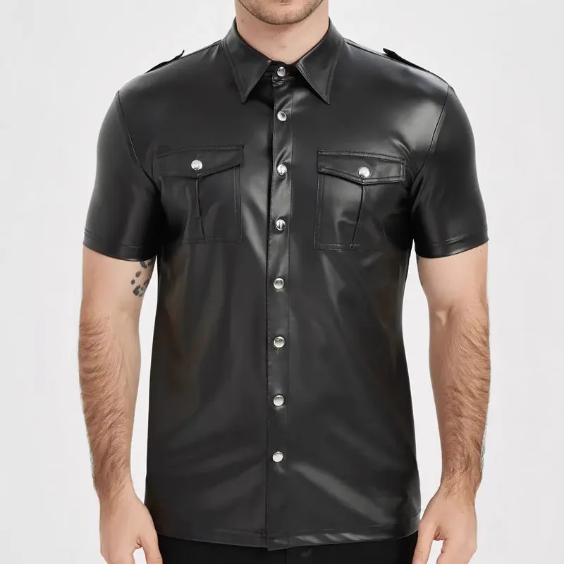 Men's Solid Color Lapel Short Sleeve Leather Shirt 44661155X sold by Manly product image thumbnail 2